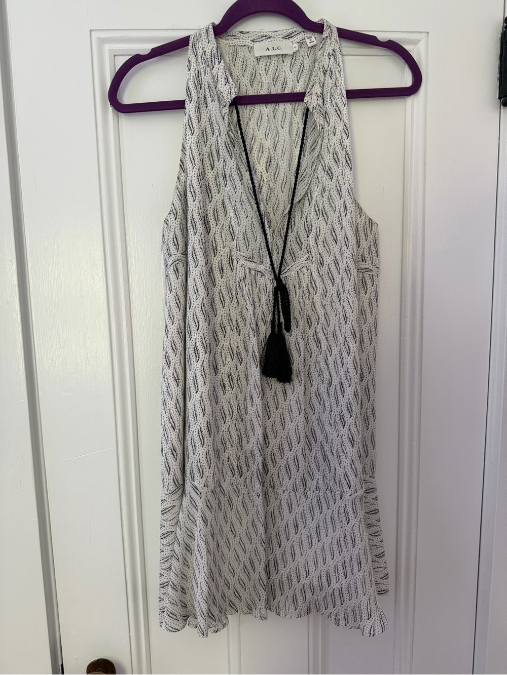 A.L.C. Cream and Black Sleeveless Knit Tassel Mini Dress
